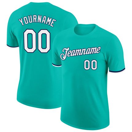 Custom Aqua White-Navy Performance Tee for Men and Women - Personalized Athletic Shirt Personalized Aqua White-Navy Performance
