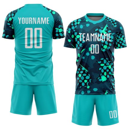 Custom Name and Number Aqua White-Navy Soccer Jersey Uniform - Personalized Sublimation Team Gear Personalized Aqua White-Navy