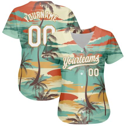 Personalized 3D Cartoon Baseball Jersey with Aqua, White, and Old Gold Hawaii Palm Trees Design Personalized Aqua White-Old