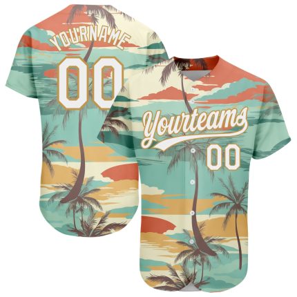 Personalized 3D Cartoon Baseball Jersey with Aqua, White, and Old Gold Hawaii Palm Trees Design Personalized Aqua White-Old