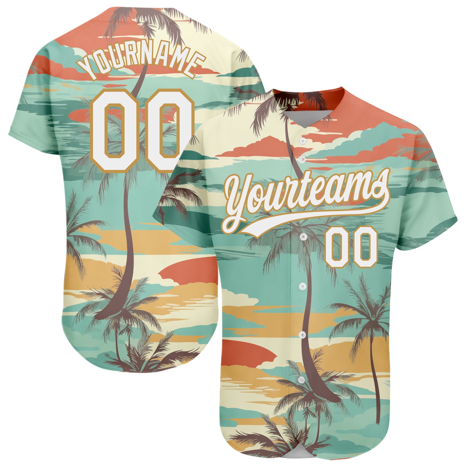 Custom Name and Number Baseball Jersey with 3D Cartoon Hawaii Palm Trees Design - Personalized Aqua White-Old Gold Personalized