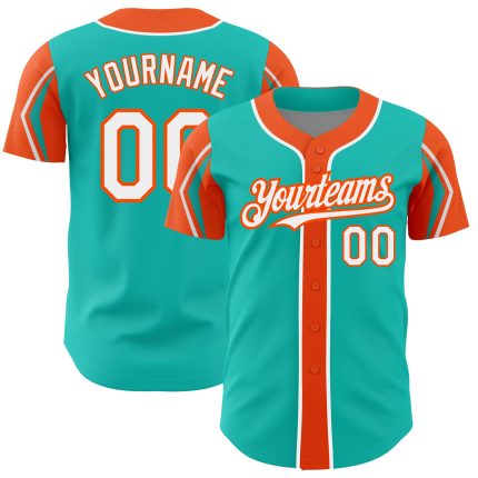 Personalized Authentic Baseball Jersey with Aqua White-Orange Colors, Custom Name & Number, 3 Arm Shapes Personalized Aqua