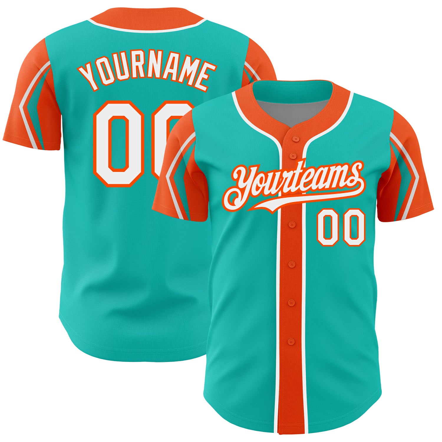 Personalized Authentic Baseball Jersey with Aqua White-Orange Colors, Custom Name & Number, 3 Arm Shapes Personalized Aqua