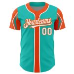 Personalized Aqua White Orange Baseball Jersey - 3 Colors Arm Shapes Design Personalized Aqua White-Orange 3 Colors Arm Shapes