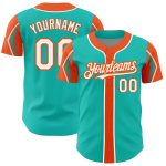 Personalized Aqua White Orange Baseball Jersey - 3 Colors Arm Shapes Design Personalized Aqua White-Orange 3 Colors Arm Shapes