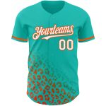 Personalized 3D Leopard Print Baseball Jersey in Aqua White-Orange Fade Fashion Design Personalized Aqua White-Orange 3D