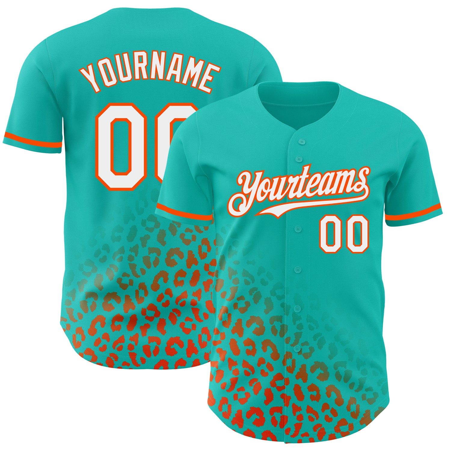 Custom Leopard Print Fade Baseball Jersey - Personalized Aqua White-Orange 3D Pattern Design with Custom Name and Number