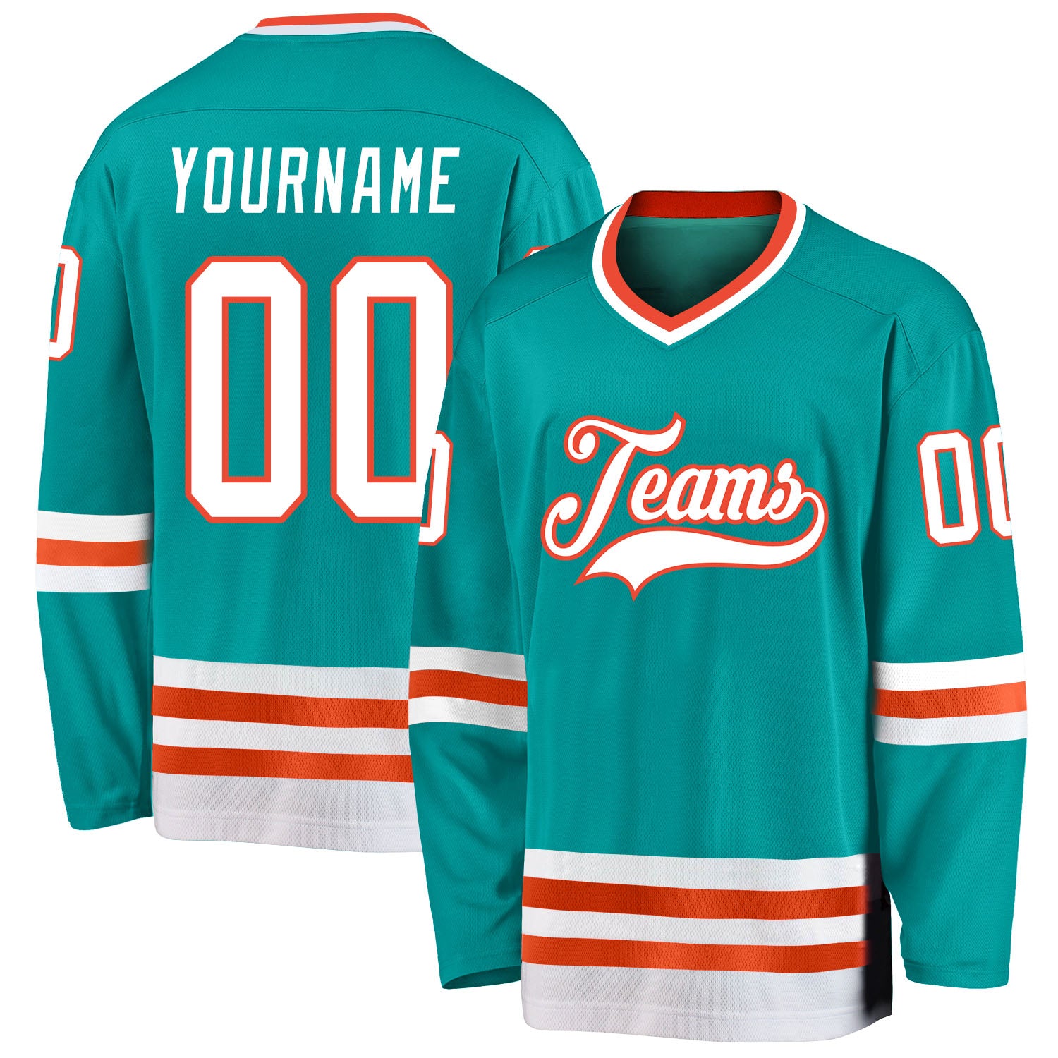 Custom Name & Number Aqua White-Orange Hockey Jersey - Personalized Team Sports Apparel Personalized Aqua White-Orange Hockey
