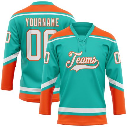 Personalized Aqua White Orange Hockey Jersey with Lace Neck Design Personalized Aqua White-Orange Hockey Lace Neck Jersey
