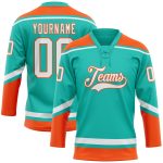 Custom Name and Number Personalized Hockey Jersey - Aqua White-Orange Lace Neck Team Jersey Personalized Aqua White-Orange