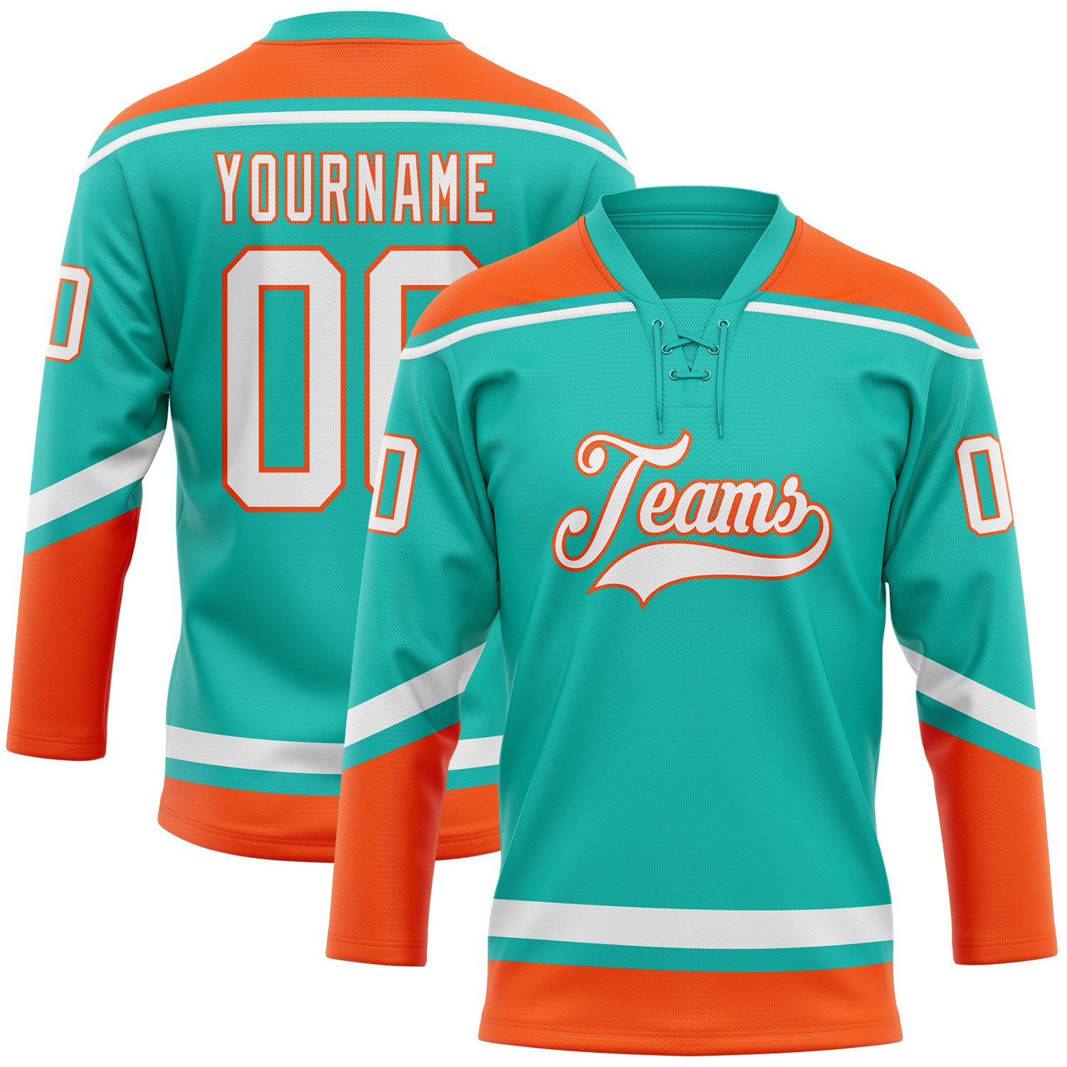 Custom Name and Number Personalized Hockey Jersey - Aqua White-Orange Lace Neck Team Jersey Personalized Aqua White-Orange