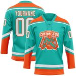 Personalized Aqua White Orange Hockey Jersey with Lace Neck Design Personalized Aqua White-Orange Hockey Lace Neck Jersey