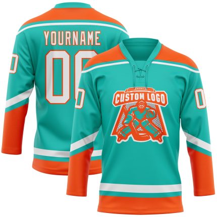 Personalized Aqua White Orange Hockey Jersey with Lace Neck Design Personalized Aqua White-Orange Hockey Lace Neck Jersey