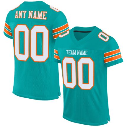 Custom Aqua White-Orange Football Jersey with Personalized Name and Number - Authentic Mesh Team Apparel Personalized Aqua