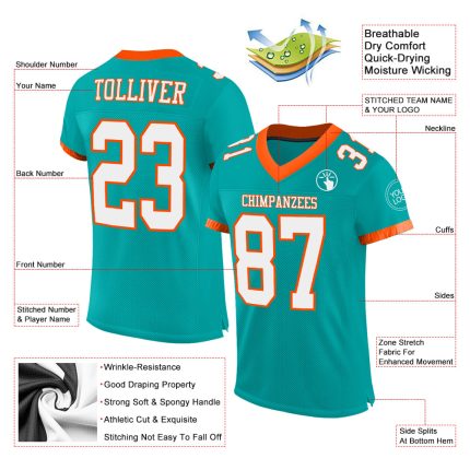 Personalized Aqua White Orange Football Jersey for Kids - Size 4 Mesh Jersey Personalized Aqua White-Orange Mesh Football