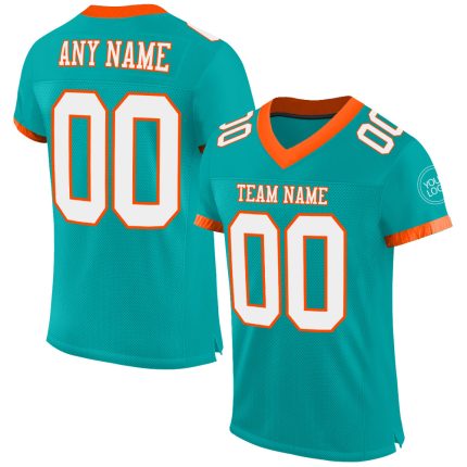 Personalized Aqua White Orange Football Jersey for Kids - Size 4 Mesh Jersey Personalized Aqua White-Orange Mesh Football