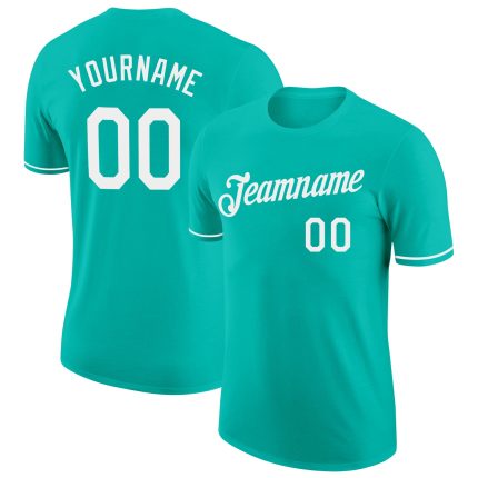 Custom Name and Number Aqua White Performance T-Shirt - Personalized Team Tee Personalized Aqua White Performance T-Shirt