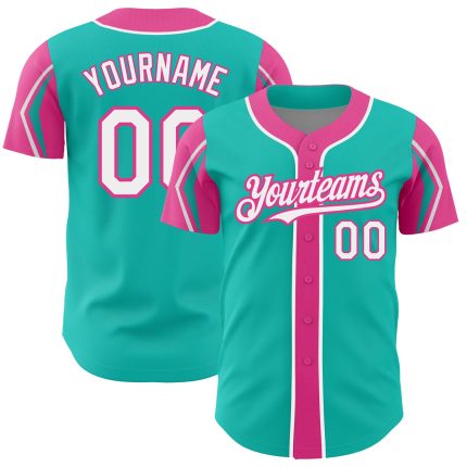 Personalized Baseball Jersey in Aqua White and Pink - 3 Colors Available, Arm Shapes Design Personalized Aqua White-Pink