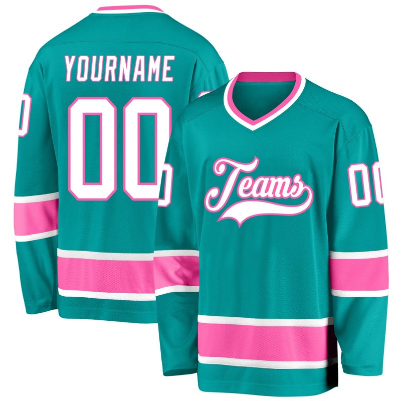 Personalized Hockey Jersey in Aqua and White-Pink for Custom Team Gear Personalized Aqua White-Pink Hockey Jersey