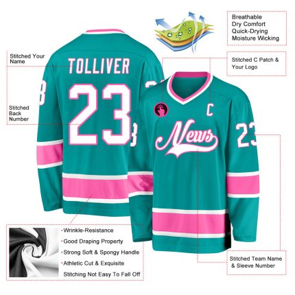 Custom Name and Number Aqua White-Pink Hockey Jersey - Personalized Team Apparel Personalized Aqua White-Pink Hockey Jersey