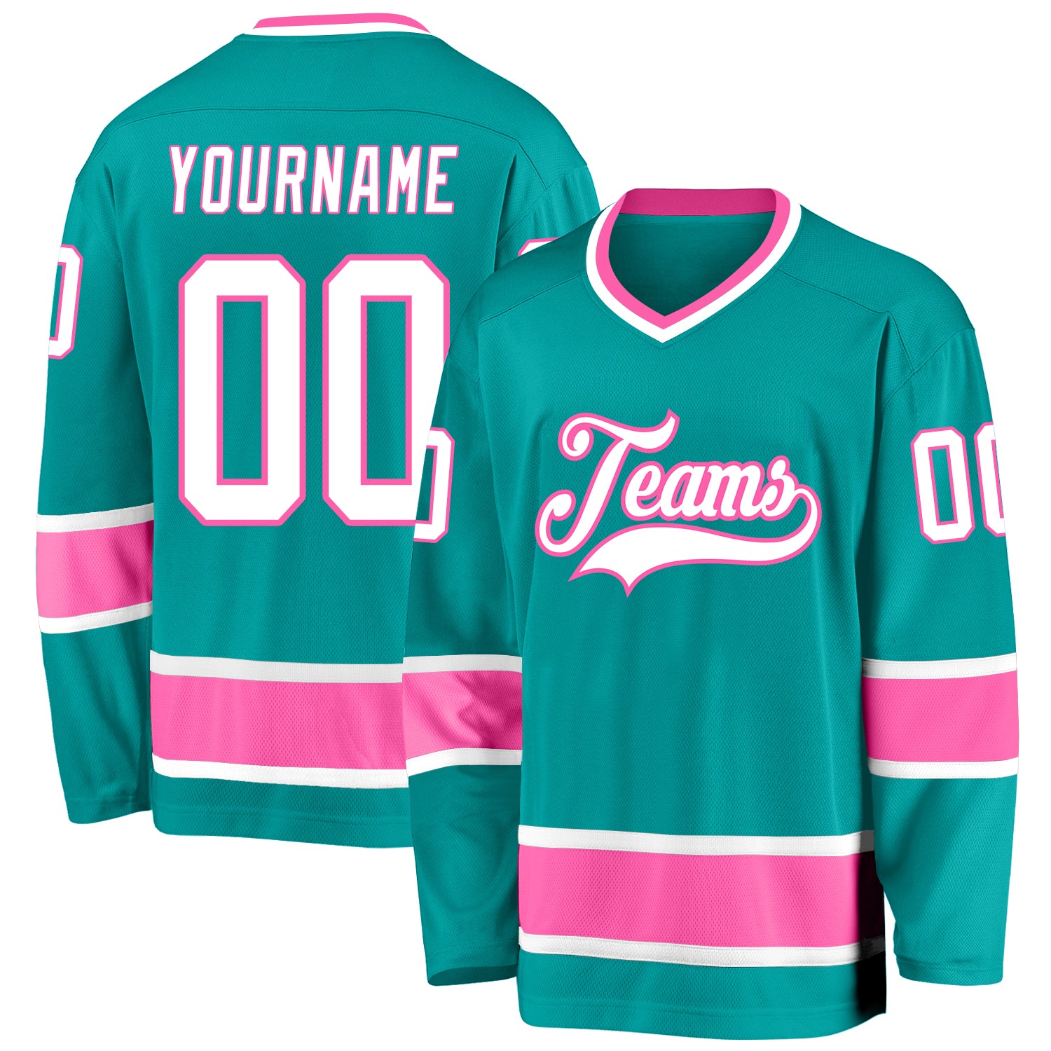 Custom Name and Number Aqua White-Pink Hockey Jersey - Personalized Team Apparel Personalized Aqua White-Pink Hockey Jersey