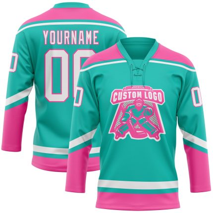 Personalized Aqua White Pink Hockey Jersey Lace Neck Design for Fans Personalized Aqua White-Pink Hockey Lace Neck Jersey