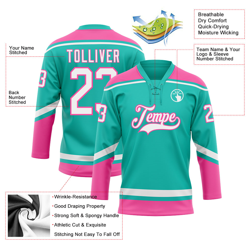 Personalized Aqua White Pink Hockey Jersey Lace Neck Design for Fans Personalized Aqua White-Pink Hockey Lace Neck Jersey - Image 3