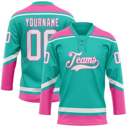Personalized Aqua White Pink Hockey Jersey Lace Neck Design for Fans Personalized Aqua White-Pink Hockey Lace Neck Jersey