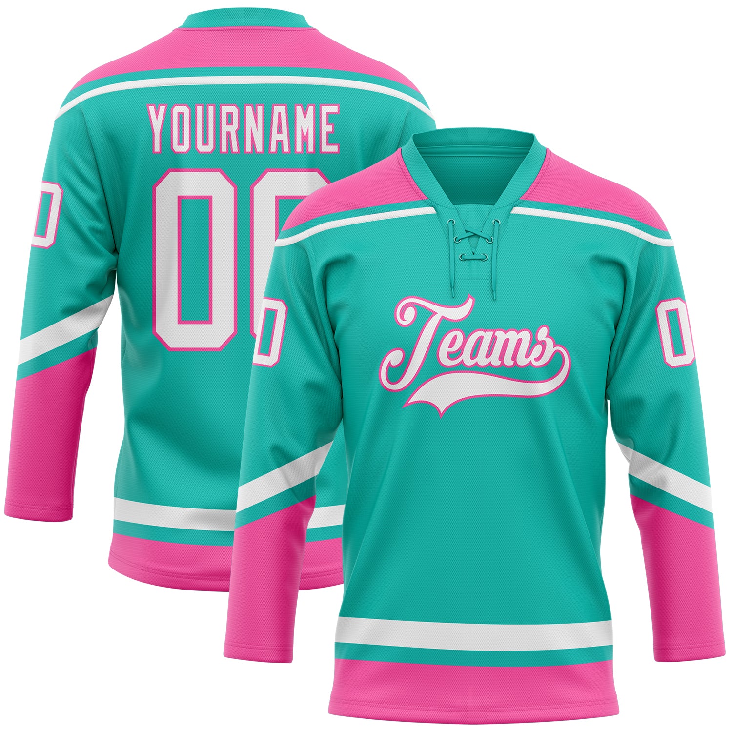 Custom Name Number Aqua White-Pink Hockey Lace Neck Jersey Personalized Team Apparel Personalized Aqua White-Pink Hockey
