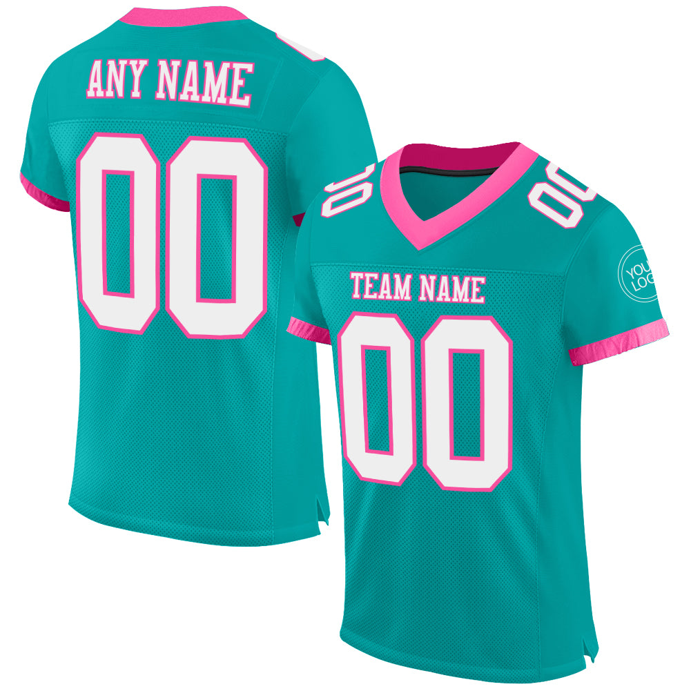 Personalized Authentic Football Jersey in Aqua White-Pink Mesh Design Personalized Aqua White-Pink Mesh Authentic Football