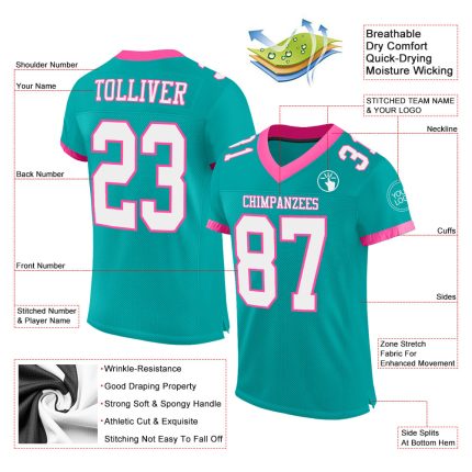 Personalized Football Jersey Aqua White Pink Mesh for Youth - Customizable Sports Apparel 2 Personalized Aqua White-Pink
