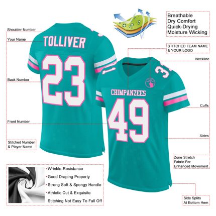 Custom Aqua White-Pink Football Jersey - Personalized Mesh Team Shirt Personalized Aqua White-Pink Mesh Football Jersey