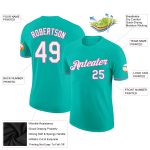 Custom Name and Number Aqua White-Pink Performance T-Shirt for Teams - Personalized Sports Apparel Personalized Aqua White-Pink