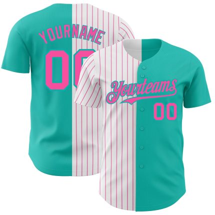 Personalized Aqua Pink Pinstripe Baseball Jersey - Stylish Split Fashion Design Personalized Aqua White-Pink Pinstripe Split