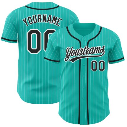 Custom Team Name and Number Baseball Jersey - Personalized Aqua White Pinstripe Black Authentic Style Personalized Aqua White