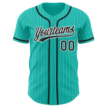 Custom Team Name and Number Baseball Jersey - Personalized Aqua White Pinstripe Black Authentic Style Personalized Aqua White
