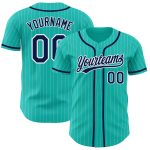 Custom Name and Number Personalized Navy Baseball Jersey with Aqua White Pinstripes Personalized Aqua White Pinstripe Navy