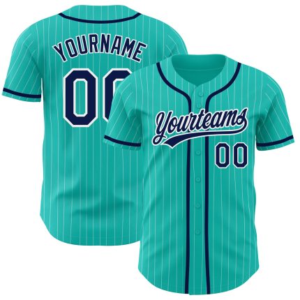 Personalized Navy Baseball Jersey with Aqua White Pinstripe Design Personalized Aqua White Pinstripe Navy Baseball Jersey