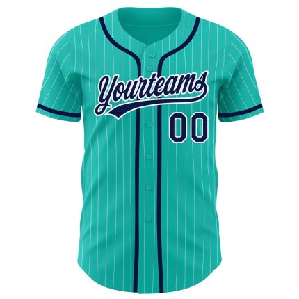 Personalized Navy Baseball Jersey with Aqua White Pinstripe Design Personalized Aqua White Pinstripe Navy Baseball Jersey