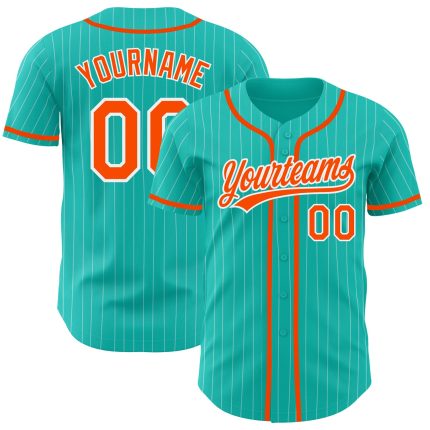 Custom Team Name and Number Aqua White Pinstripe Orange Baseball Jersey - Personalized Authentic Jersey Personalized Aqua