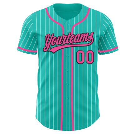 Personalized Pink Black Aqua White Baseball Jersey with Pinstripe Design Personalized Aqua White Pinstripe Pink-Black Baseball