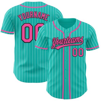 Personalized Pink Black Aqua White Baseball Jersey with Pinstripe Design Personalized Aqua White Pinstripe Pink-Black Baseball