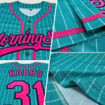 Custom Name and Number Personalized Aqua White Pinstripe Baseball Jersey in Pink and Navy Personalized Aqua White Pinstripe