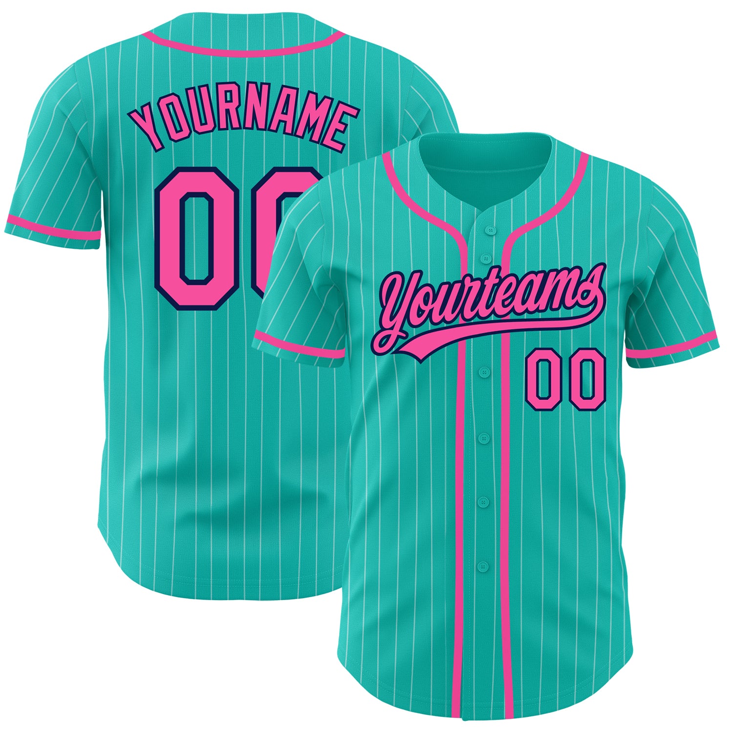 Custom Name and Number Personalized Aqua White Pinstripe Baseball Jersey in Pink and Navy Personalized Aqua White Pinstripe