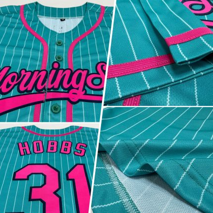 Personalized Pink Navy Baseball Jersey with Aqua White Pinstripe Design Personalized Aqua White Pinstripe Pink-Navy Baseball