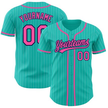 Personalized Pink Navy Baseball Jersey with Aqua White Pinstripe Design Personalized Aqua White Pinstripe Pink-Navy Baseball