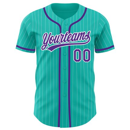 Personalized Purple Baseball Jersey with Aqua White Pinstripe Design Personalized Aqua White Pinstripe Purple Baseball Jersey