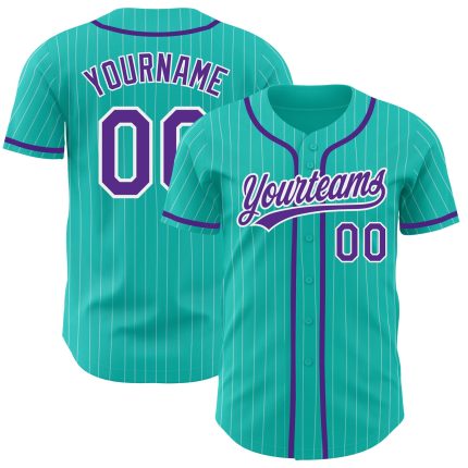 Personalized Purple Baseball Jersey with Aqua White Pinstripe Design Personalized Aqua White Pinstripe Purple Baseball Jersey