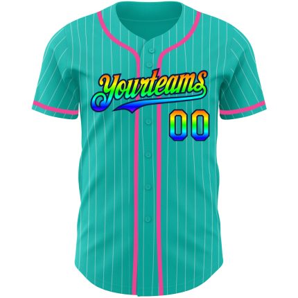 Personalized Navy-Pink 3D Baseball Jersey with Aqua White Pinstripe Rainbow Design Personalized Aqua White Pinstripe Rainbow