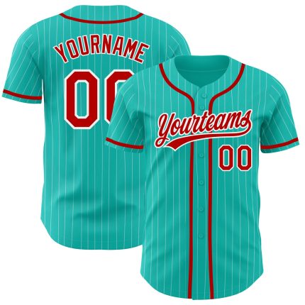 Custom Aqua White Pinstripe Red Baseball Jersey with Personalized Name and Number - Authentic Team Apparel Personalized Aqua
